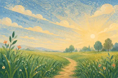 Peaceful Green Field Under Morning Sky