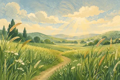 Sunlit Green Meadow Path at Dawn
