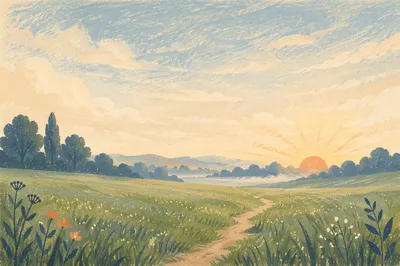 Peaceful Green Field at Morning Dawn