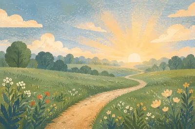 Peaceful Green Meadow Path at Sunrise
