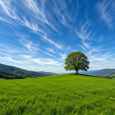 Green Meadow with Lone Tree and Sky