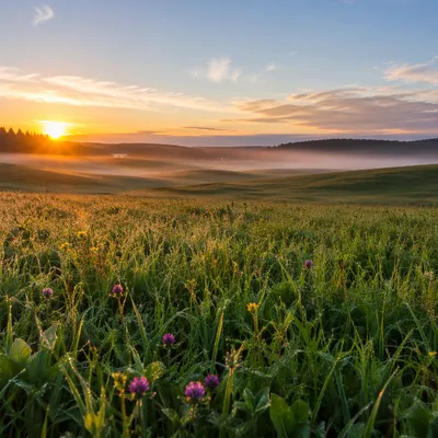 Sunrise Meadow with Dewy Green Grass