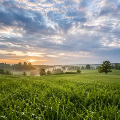 Peaceful Green Meadow at Spring Sunrise