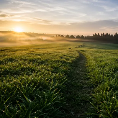 Morning Dew Path Through Green Field