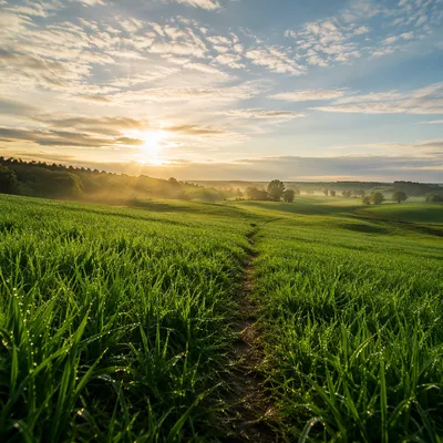 Peaceful Green Field Under Morning Sky