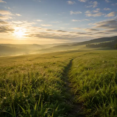 Sunlit Green Meadow With Gentle Footpath