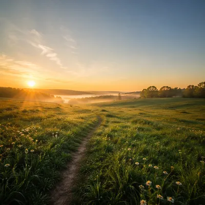 Peaceful Green Meadow Path at Sunrise
