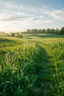 Peaceful Green Meadow Under Morning Sky