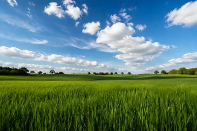 Peaceful Green Field Under Blue Sky