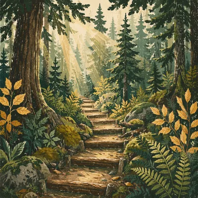 Sunlit Evergreen Forest Path with Ferns