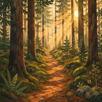 Sunlit Forest Path Through Green Pines