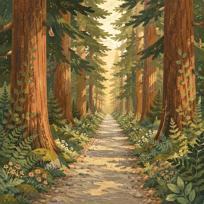 Sunlit Evergreen Forest Path with Ferns