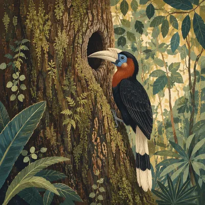 Tropical Hornbill on Mossy Rainforest Tree