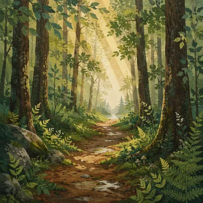 Sunlit Forest Path After Morning Rain