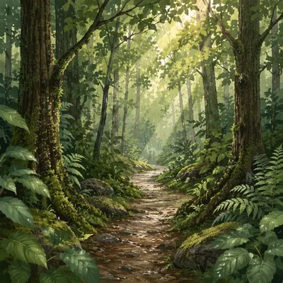 Sunlit Forest Path After Morning Rain
