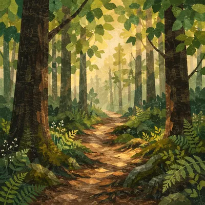 Sunlit Forest Path Through Green Trees