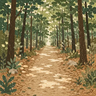 Sunlit Forest Path Through Green Trees