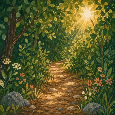 Sunlit Forest Path Through Summer Trees