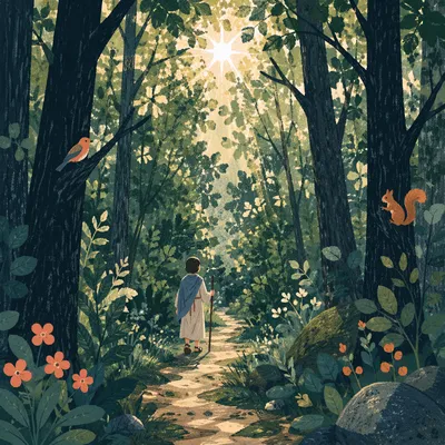 Sunlit Forest Path Through Emerald Woodland