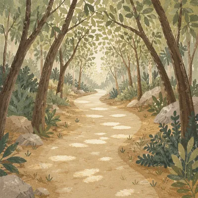 Peaceful Sunlit Forest Path Through Green Trees