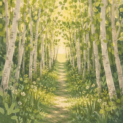 Sunlit Woodland Path Through Spring Trees