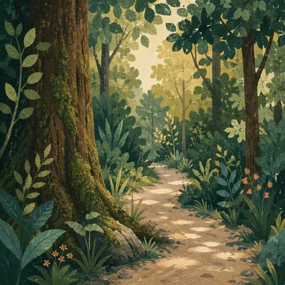 Peaceful Sunlit Forest Path Through Green Woodland