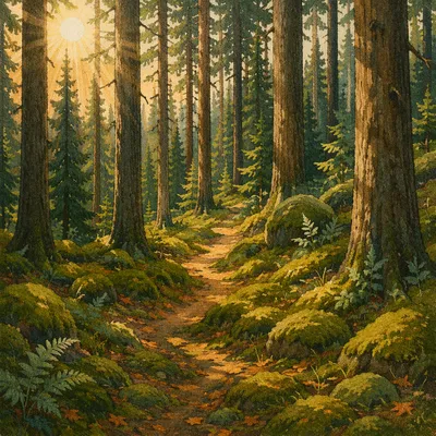 Sunlit Evergreen Forest Path Through Moss