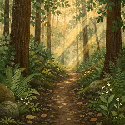 Sunlit Forest Path After Spring Rain