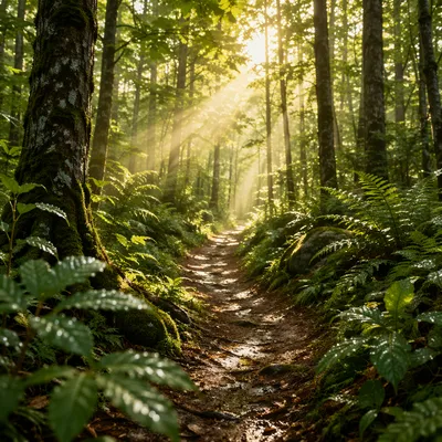 Sunlit Forest Path for Peaceful Reflection
