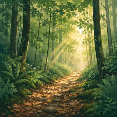 Sunlit Forest Path After Morning Rain