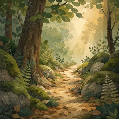 Sunlit Forest Path After Morning Rain