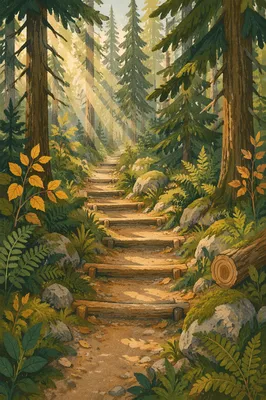 Sunlit Evergreen Forest Path with Ferns