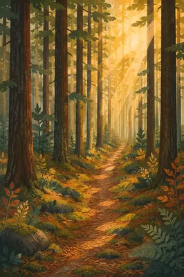 Sunlit Forest Path Through Tall Pines