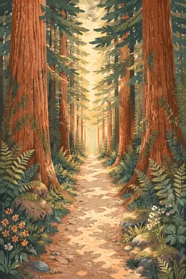 Sunlit Evergreen Forest Path