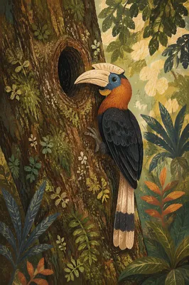 Tropical Hornbill on Mossy Rainforest Tree