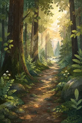 Sunlit Forest Path After Morning Rain