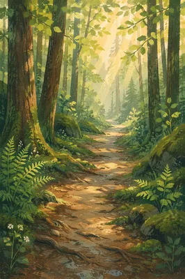 Sunlit Forest Path Through Green Trees
