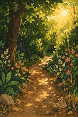 Sunlit Forest Path Through Summer Trees