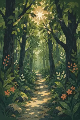 Sunlit Forest Path Through Emerald Woodland