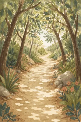 Peaceful Sunlit Forest Path Through Green Trees