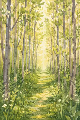 Sunlit Green Forest Path at Dawn