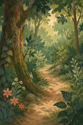 Sunlit Forest Path Through Emerald Woodland