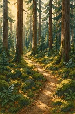 Sunlit Evergreen Forest Path