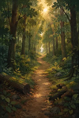 Sunlit Forest Path Through Green Woodland