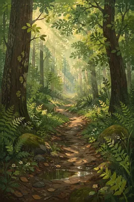 Sunlit Forest Path After Spring Rain