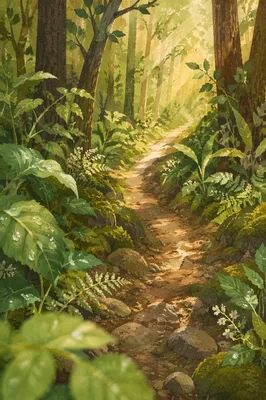 Sunlit Forest Path After Morning Rain