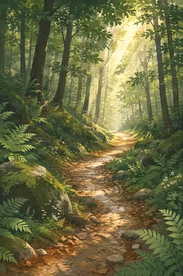 Sunlit Forest Path After Morning Rain