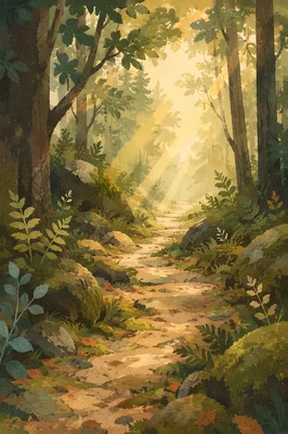 Sunlit Forest Path After Morning Rain