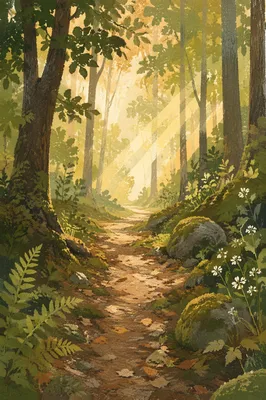 Sunlit Forest Path After Morning Rain