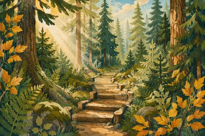 Sunlit Evergreen Forest Path with Mossy Steps